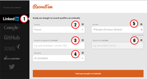 La version gratuite de Linkedin comporte une limite commerciale de recherches sur un seul mois. Qu’est-ce que cette limite commerciale ? Linkedin détermine un seuil au-delà duquel il est considéré que votre activité sur LinkedIn a probablement un but commercial, comme de la prospection. Votre capacité de recherche sera limitée jusqu’à sa réinitialisation le mois prochain. La limite n’affecte pas votre capacité à rechercher des relations de 1er niveau. Même si vous atteignez la limite, vous pourrez toujours rechercher des relations de 1er niveau sur votre page de relations. De combien est la limite commerciale ? En fait Linkedin ne la communique pas. Certains ont expérimenté une limite à 60 recherches par mois ? D’autres disent parvenir à 300 ? Alors j’ai essayé à partir de différents comptes comme celui de mon épouse (merci Pascale), et j’ai réussi à en faire jusqu’à 800. Ma conclusion est que la limite commerciale semble varier en fonction des pratiques, d’un cumul mensuel et d’un seuil journalier aussi. J’en viens parfois à me dire qu’elle varie en fonction du profil d'utilisateur spécifique : par exemple je souspçonne que les utilisateurs du secteur Recrutement pourraient avoir moins de recherches disponibles que d’autres. - Une alerte informe que 30% des recherches sont encore disponible. - J’ai réussi à atteindre 800 recherches uniques sans déclencher l’alerte - Mais j’ai aussi expérimenté une limitation de 24h alors que je n’étais qu’à 600, sans doute parce que ce jour là le nombre de recherche avait excédé une limite Linkedin. - En cliquant sur les profils à partir de l’écran de résultats, je suis parvenu à 80 avant de déclencher le blocage journalier, mais sans avoir déclenché l'alerte des 30%. Si vous êtes un utilisateur intensif des recherches, le moyen le plus simple de contourner cette limitation serait de passer à un compte Premium. Il existe toutefois plusieurs solutions gratuites. Ce secret #12 est similaire à l’Secret #11, et constitue comme elle une version automatisée et améliorée de l’Secret #10 qui consistait à passer par Google. Elle consiste à utiliser Recruit’em (cliquez ici>> pour accéder). Recruit’em en réalité utilise Google comme on le faisait dans l’Secret précédente, et il rédige automatique la requête avec les opérateurs booléens qui vont bien : c’est simple, gratuit, et efficace ! Recruit’em possède une interface simple, avec 6 filtres. 1. La plateforme (choisissez Linkedin, mais vous pourriez aussi utiliser Recruit’em pour faire des recherches surGoogle +, Github, Xing, StackOverflow, et Twitter) 2. Le Pays 3. Le lieu (ville, région) 4. La formation (plus utile en recrutement) 5. La fonction 6. Des mots clés à exclure Sur l’écran ci-contre les champs remplis en police gris clair ne sont que suggérés. Après avoir sélectionné Linkedin, j’ai uniquement rempli le 2 (Pays = France), et le 5 (Fonction) Il vous reste à cliquer sur la barre « Find people on Linkedin », l’interface ouvre une fenêtre proposant de sauvegarder la recherche ou d’ouvrir la réponse dans Google : Vous pouvez voir la requête rédigée automatiquement dans la fenêtre de validation, puis dans l’url de la fenêtre de Google qui s’ouvre : https://www.google.fr/search?q=+%22Pr%C3%A9sident+Directeur+G%C3%A9n%C3%A9ral%22-intitle:%22profiles%22+-inurl:%22dir/+%22+site:linkedin.com/in/+OR+site:linkedin.com/pub/&gws_rd=cr,ssl&ei=6dDNVtL6EIS2a77QlsAI Au clic sur la barre, Recruit’em ouvre la fenêtre de réponse dans Google, avec la requête et ses opérateurs booléens combinant les deux paramètres que j’ai utilisés. "Président Directeur Général"-intitle:"profiles" -inurl:"dir/ " site:fr.linkedin.com/in/ OR site:fr.linkedin.com/pub/. Voici comment fonctionne le code crée par Recruit’em : 1. "Président Directeur Général"-intitle:"profiles" : demande de chercher dans les profils les mots clés « président directeur général. Ce qui montre que l’outil est une recherche inexacte puisque le mot clé demandé en fonction, « président Directeur Général », n’est pas recherché nécessairement dans l’intitulé du poste (il peut avoir été et ne plus être, ou en recherche d’un poste de, ou avoir été adjoint au…). 2. site:fr.linkedin.com/in = demande à Google de rechercher dans toutes les pages Françaises de Linkedin avec /in ou /pub soit toutes les pages de profil dans Linkedin (toutes les pages de profil dans Linkedin ont 2 mots clés in ou pub qui sont inclus dans ces pages!). Rappelez-vous comme vu dans l’article sur les opérateurs booléens de Google (cliquez ici>> pour le revoir) que la commande site:nomdomaine.com est une commande qui scanne un site. 3. la petite fonction -dir est intéressant car le signe – ou moins permet d’exclure tous les résultats qui contiennent le mot « dir » à l’intérieur d’une page (soit toutes les listes de profils qui ne sont pas des profils eux-mêmes). Cette fois ce sont 500 résultats qui sont affichés. Notez que vous pouvez utiliser les opérateurs booléens dans l’interface, et chercher comme fonction par exemple « Président Directeur Général » OR « PDG » OR « CEO »